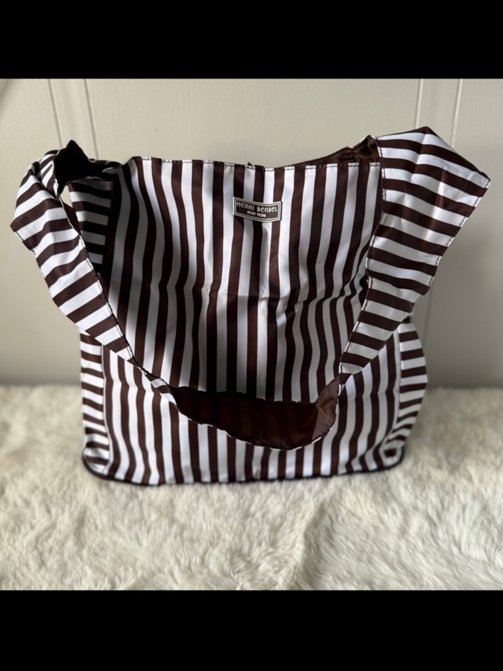 Henri Bendel Centennial Striped Nylon Packable Large Tote Bag Brown White